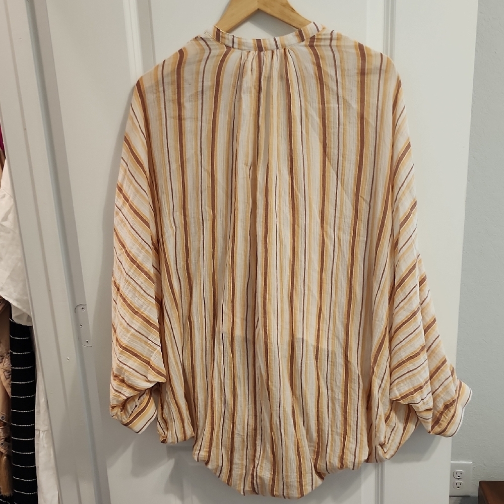 Anthropologie Striped Tie-Front Balloon-Sleeve Tunic in Cream and Tan - Picture 3 of 6